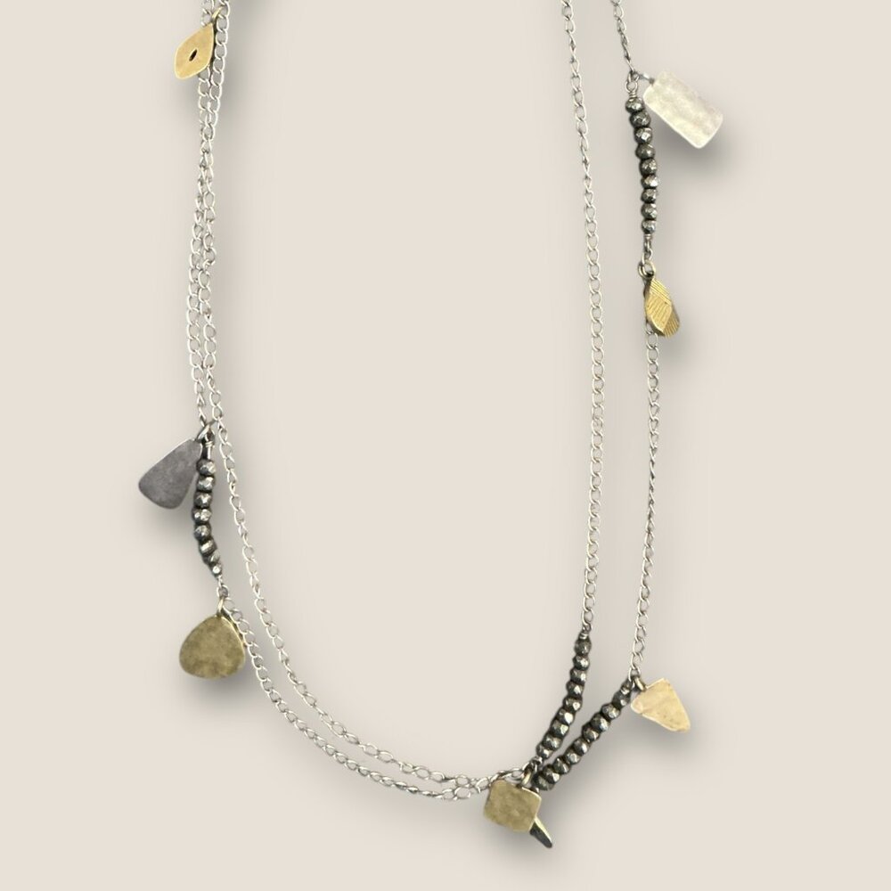 Sipada Vintage Retired Mixed Metal Long Necklace Sterling Silver Brass Pyrite